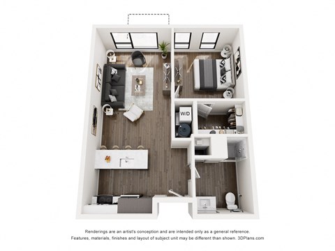 A 3D floor plan of a small apartment with a kitchen, living room, and bedroom.